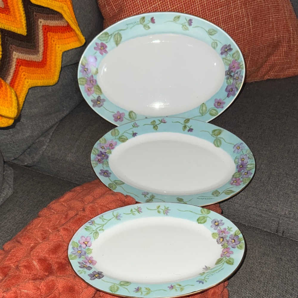 Elegant Aqua Floral Oval Platter Set (3-Pc) Violets & Gold Trim